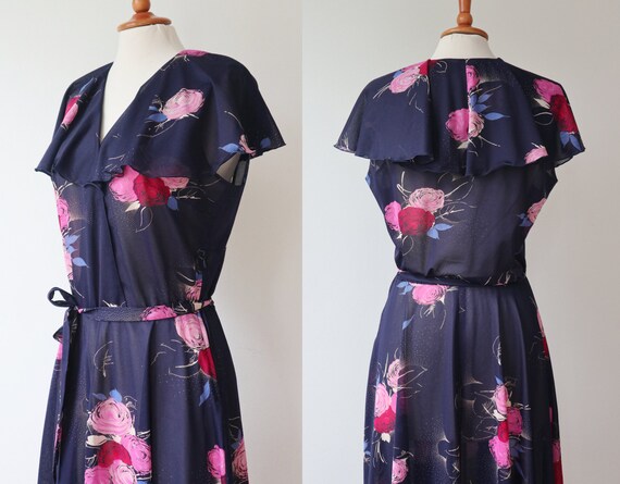 Blue 80s Vtg.  Dress With Red Floral Print // Blo… - image 5