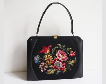50年代の美しいプチポワン刺繍入りヴィンテージのブラックトップ