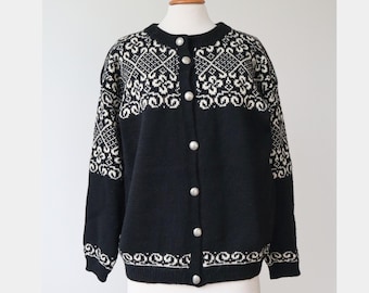 Black Hand Knitted Wool Cardigan With White Pattern & Silver Buttons  // 100% Wool // Size M/L