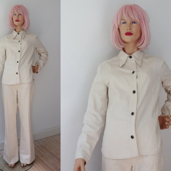 Ivory 70s DEADSTOCK 2 Piece Set // Top - High Waisted Pants // Dudley // Big Collar & Flares // Cotton // Size M // Made In Denmark