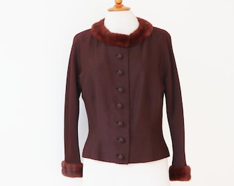 Brown Fitted 40s50s Vtg. Jacket/Top With Sleeve/Neckline Fur Trim & Lovely Round Braided Buttons // Size M // Handmade