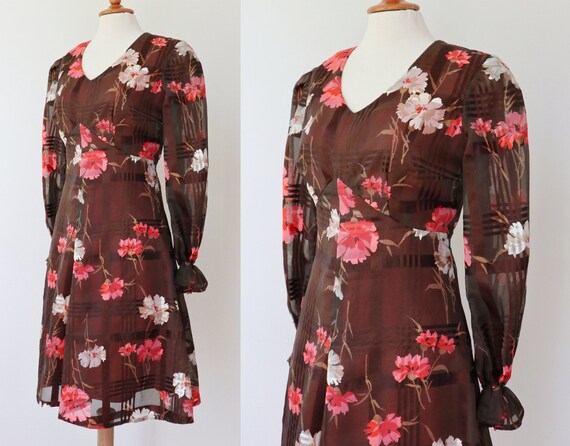 Lovely 60s Chiffon Vtg. Dress // Brown With White… - image 3