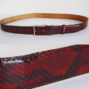 Op de afbeelding: Een bruin en rode slangenleren riem met een zilverkleurige gesp. De riem is gemaakt van echt slangenleer en heeft een natuurlijke leren achterkant. De riem is ongeveer 3,8 cm breed.