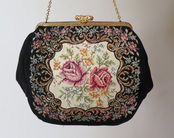 Petit Point Black/Sand Colored 60s Hand Embroidered Top Handle Bag With Roses // Golden Closery With Rhinestones & Golden Chain Handle