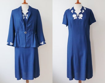 Blue 50s 2 Piece Set With White Appliqués // Dress & Fitted Jacket // Size M // Handmade In Finland