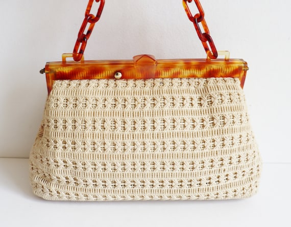 Stunning Ivory 60s Knotted Bag With Cognac Brown … - image 1