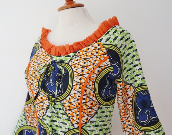 African Vtg. Blouse With Ruffles/Front Lace Up In… - image 5