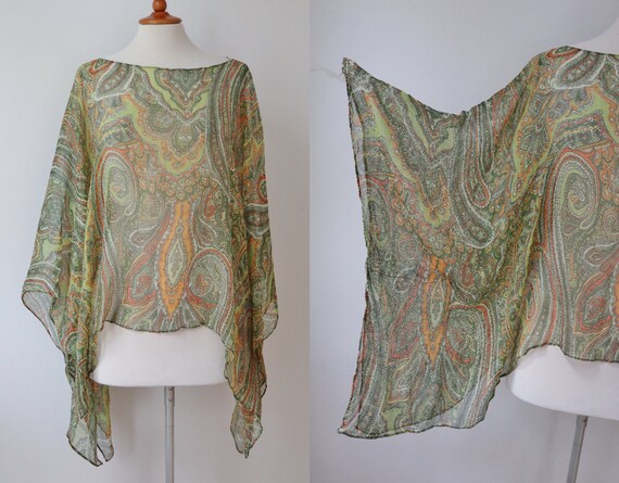 Green Sheer Vintage Blouse // Paisley/Floral Print