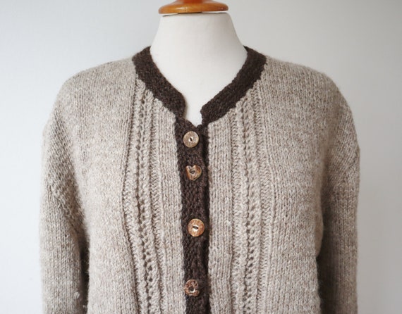Beige/Brown Hand Knitted Vtg. Wool Cardigan // Kn… - image 4