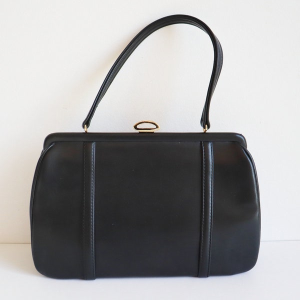 Black 60s Vtg. Top Handle Bag With Golden Closure // Vegan Bag