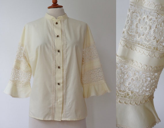 Ivory/Light Yellow 70s Vintage Lady Shirt With La… - image 2