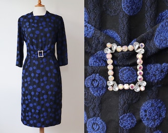 Classic Black 50s60s Vintage Dress // Blue Black Polka Dots // 3/4 Sleeves & Rhinestone Buckle