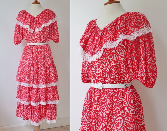 70s Vintage Maxi Dress // Red White Paisley Print… - image 1