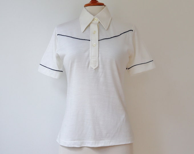 White 70s Fitted Vintage Polo With Blue Ribbon // Big Collar ...