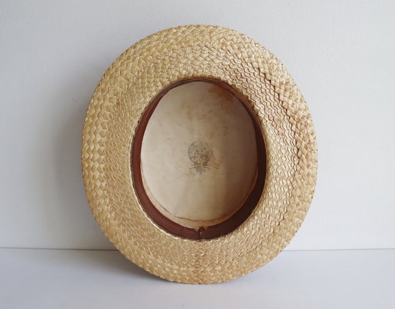 Antique 1910-1920 Summer Straw Boater Hat With Black Hatband