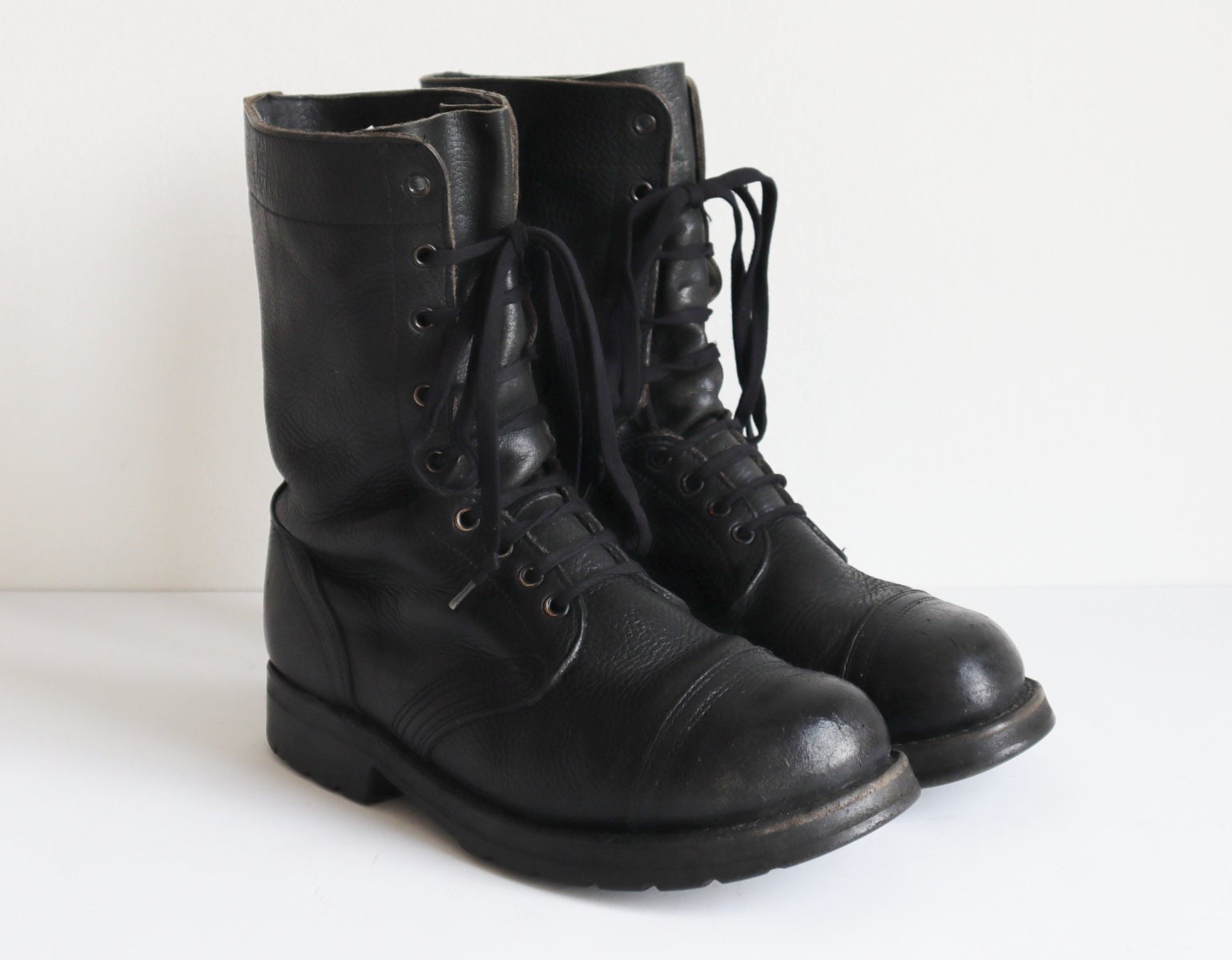 Black 90s Danish Vintage Leather Lace up Military Boots // Size 42