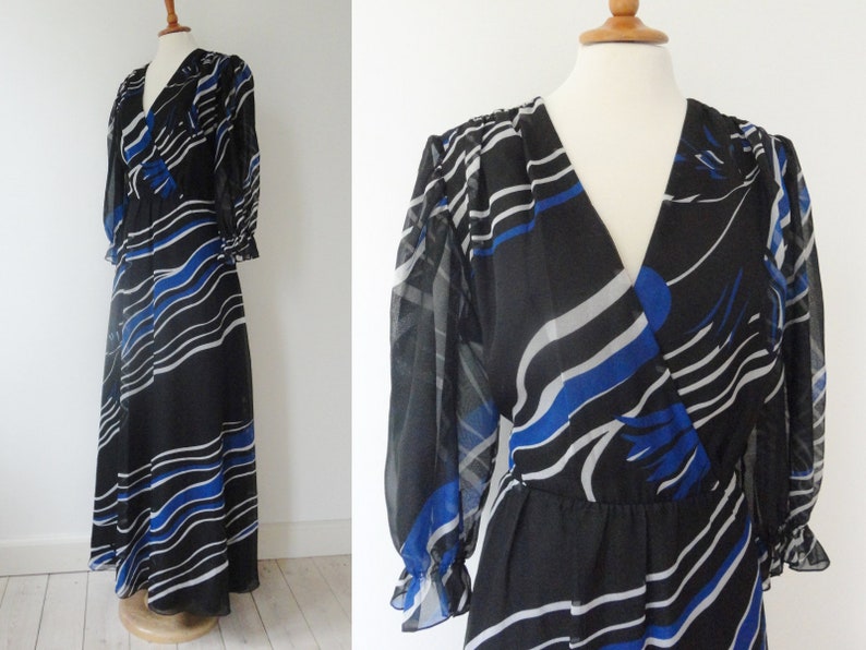 Black 70s Sheer Maxi Vintage Dress Graphic Print In Blue /& White Toft Made In Denmark