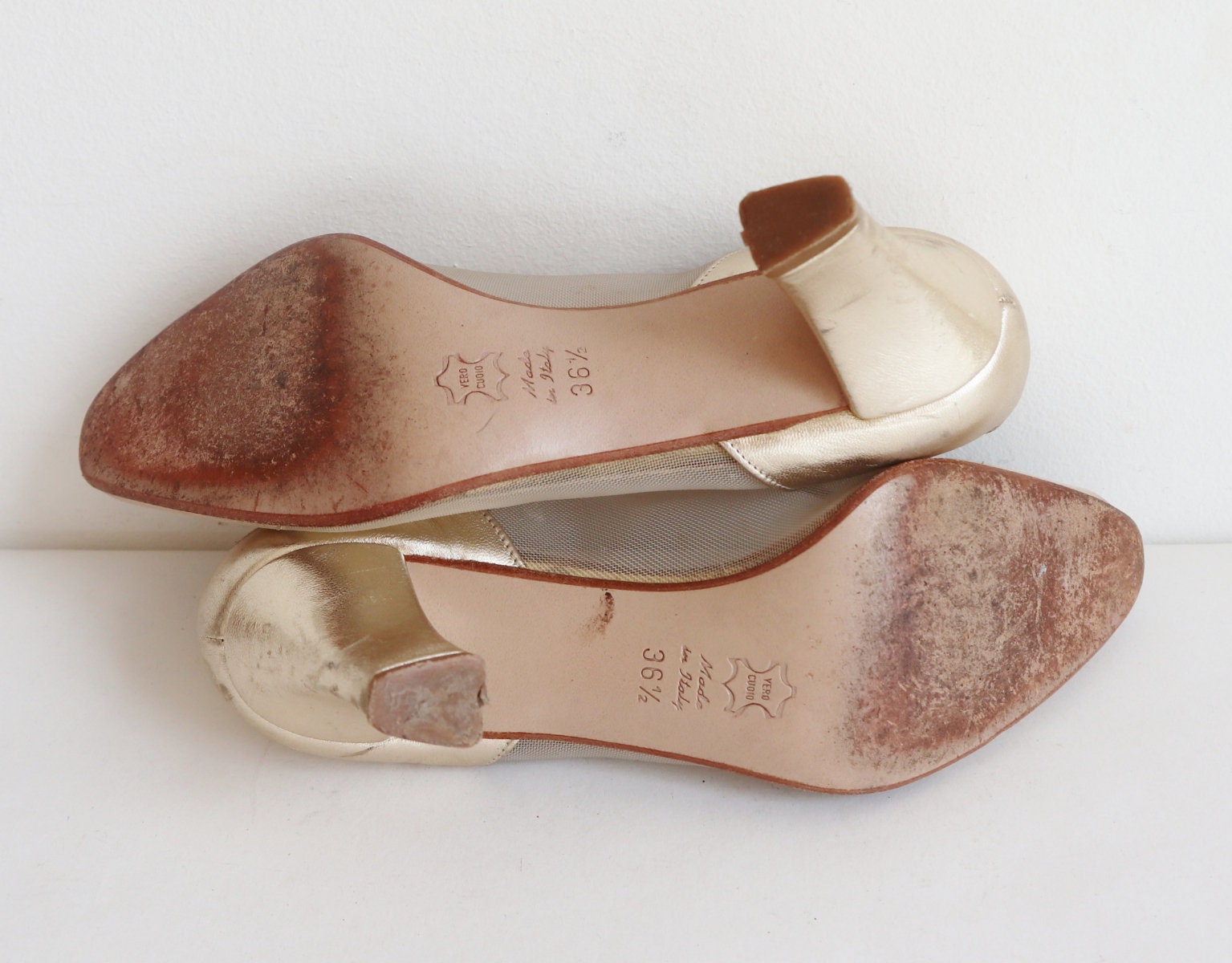 80s Vtg. Golden Shoes With Rose & Transparent Sides // - Etsy