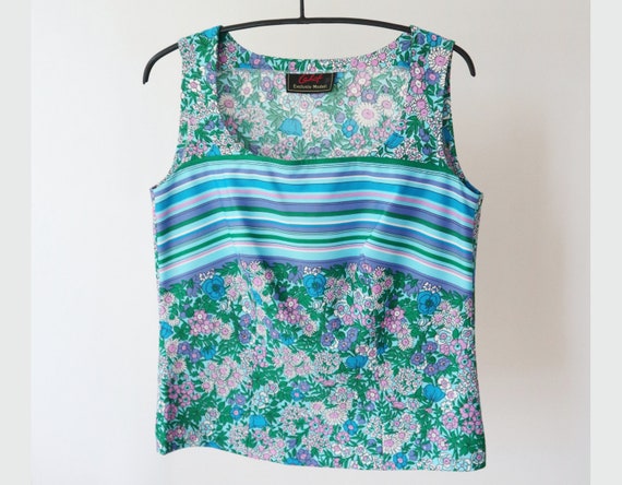 Blue 70s Vtg. Top With Pink Purple Green White Fl… - image 1