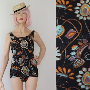 Black 60s70s Swimsuit With Abstract Floral Print In Orange Blue Brown Purple // Bra Insert // Size M
