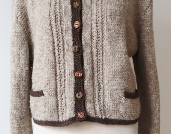 Beige/Brown Hand Knitted Vtg. Wool Cardigan // Kn… - image 5