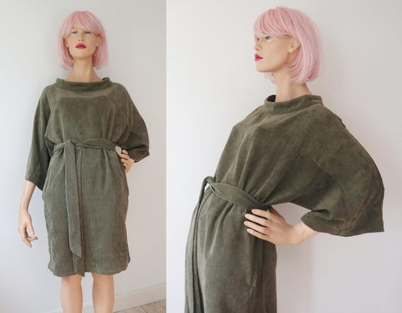 Green Corduroy Dress With Kimono Sleeves // Belted // Size 42 - Etsy