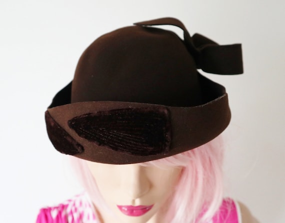 Vintage Dark Brown Cloche Felt Hat Velvet Ribbon Women main image 2