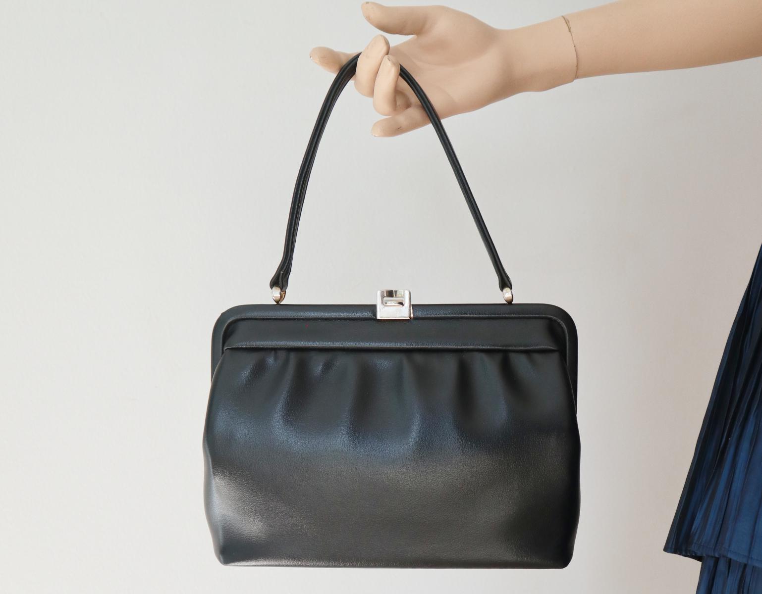 Black 60s Vtg. Top Handle Bag With Golden Closure // Vegan Bag - Etsy