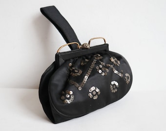 Black 30s Vegan Vintage Hand Bag/Party Bag With Golden Closure Amd White Beads & Sequins