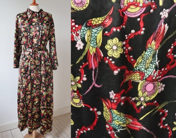 Black 40s Vintage Maxi Robe With Novelty Print In