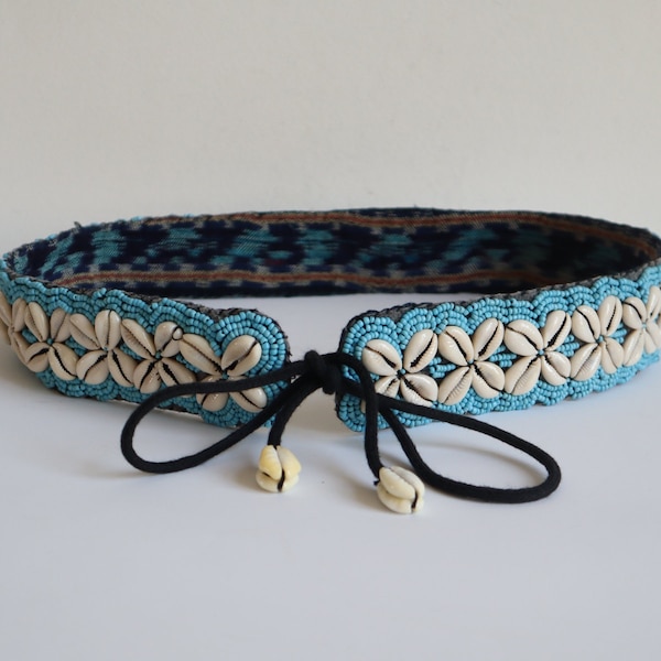 Blue Beaded African Belt With Cowrie Shells // Tie Band