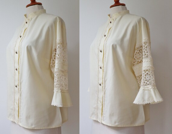 Ivory/Light Yellow 70s Vintage Lady Shirt With La… - image 3