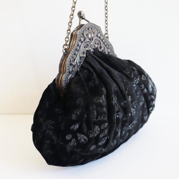 Black/Silver Velvet Top Handle Bag With Silver Pattern/Closure // Lined // Handmade