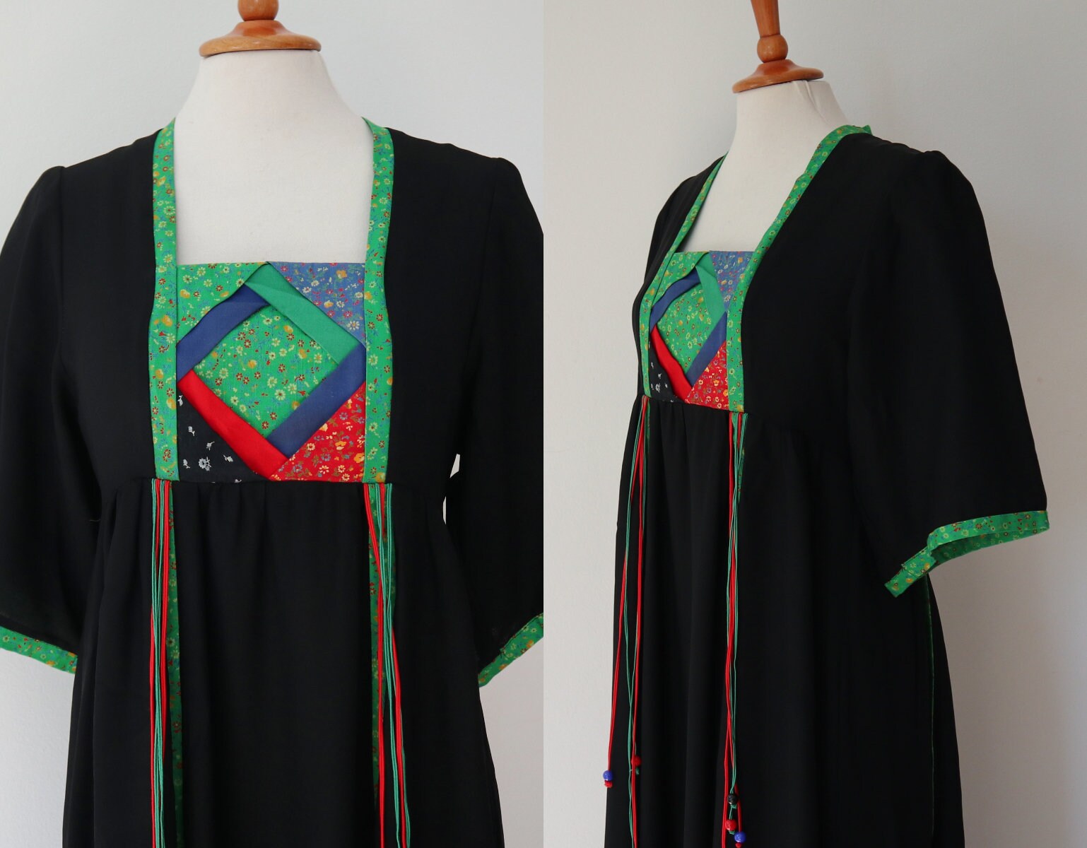 Anne Rees Textiles Rare Ann Reeves 70s Black Vtg. Maxi Dress / Patch Work Insert and ...