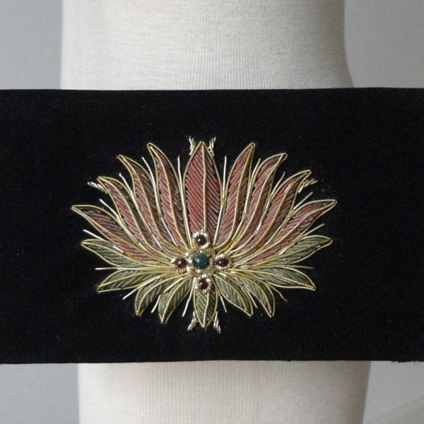 Black 60s Vtg. Velvet Bag  With Beautiful Burgundy/Green/Golden Decoration // Clutch/Shoulder Bag