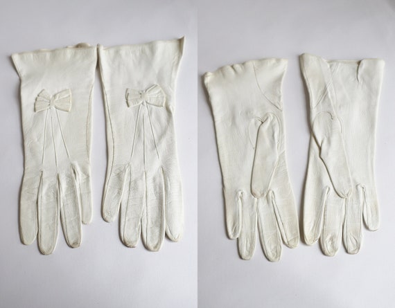 Cream Colored  50s Vintage Leather Gloves With Bo… - image 4