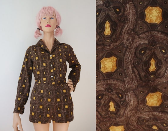 Brown 50s60s Vtg. 2 Piece Set With Yellow Print /… - image 1