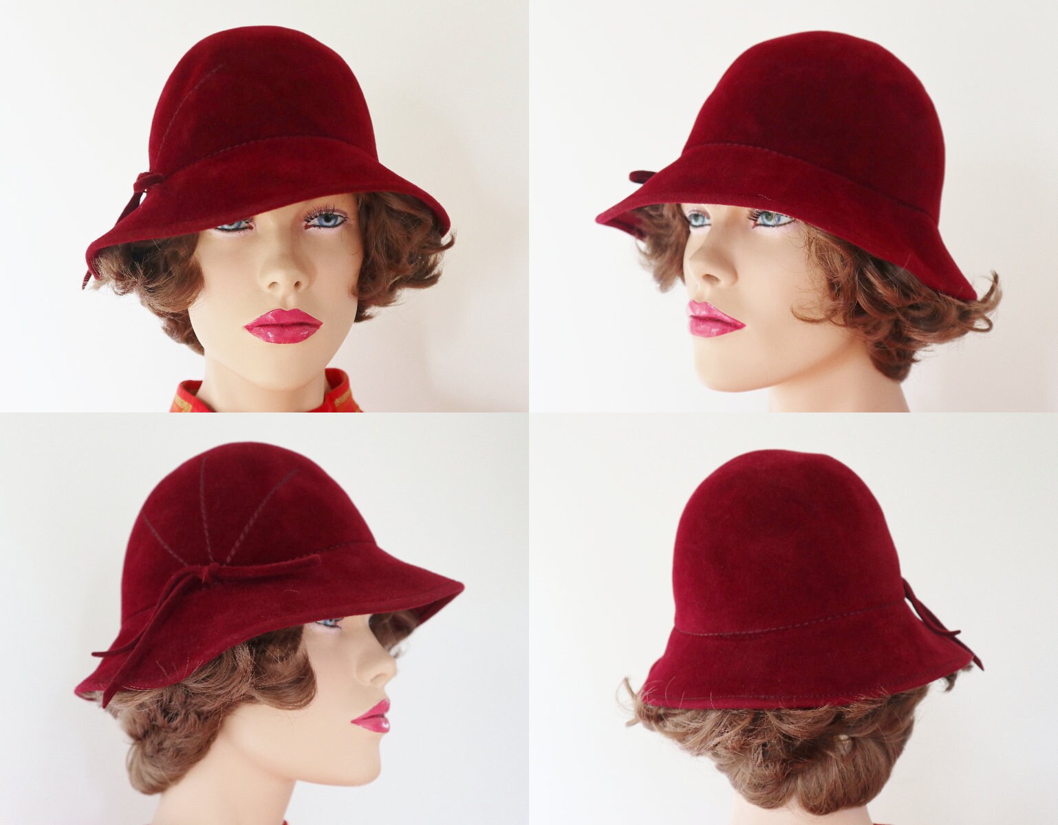 True Vintage Burgundy Women\'s Hat with Bows Burgundy Vintage Lady Felt Hat With Bow and Stitching  main image 3