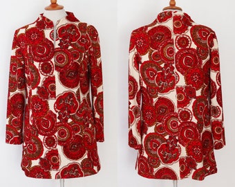 Ivory 70s Vtg. Lady Print Top/Mini Dress With Red/Brown Print // Size S/M