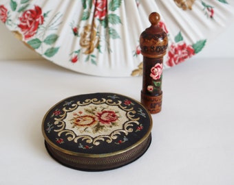 Black Vtg. Powder Case With Hand Embroidered Roses & Wooden Perfume Container // Essencce De Rose // Made In Germany/Bulgaria