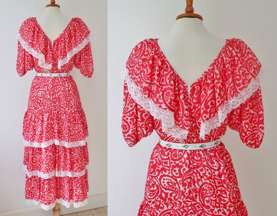 70s Vintage Maxi Dress // Red White Paisley Print… - image 2