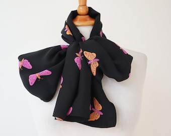 Elongated Black Silk Scarf With Orange Pink Butterfly Print // 100% Silk // Charlotte Sparre - Denmark