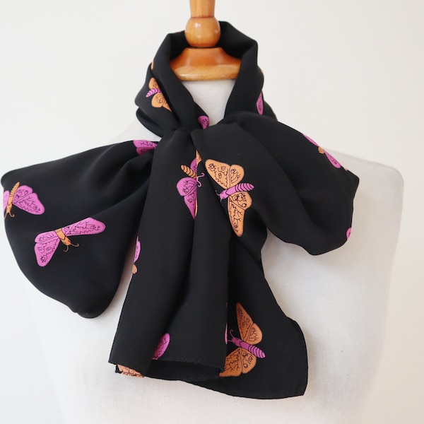 Elongated Black Silk Scarf With Orange Pink Butterfly Print // 100% Silk // Charlotte Sparre - Denmark
