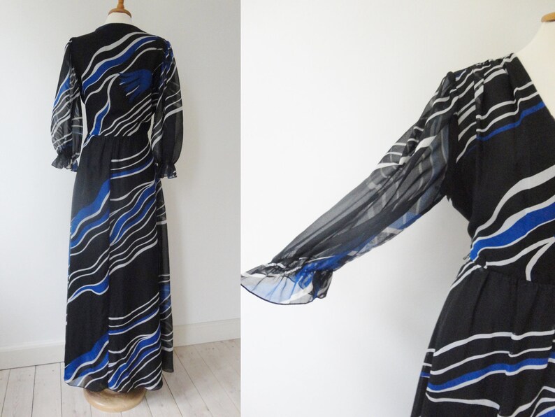 Black 70s Sheer Maxi Vintage Dress Graphic Print In Blue /& White Toft Made In Denmark