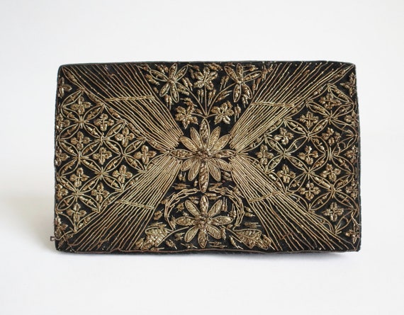 Black 30s Vtg. Velvet Bag With Gold Thread // Clut