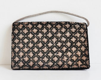 Black 50s Vtg. Velvet Bag With Gold Thread // Top Handle/Clutch Bag