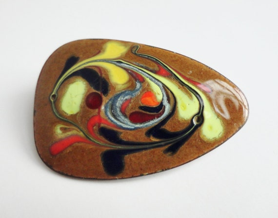 60s Vintage Enamel Brooch // Brown With Abstract … - image 1