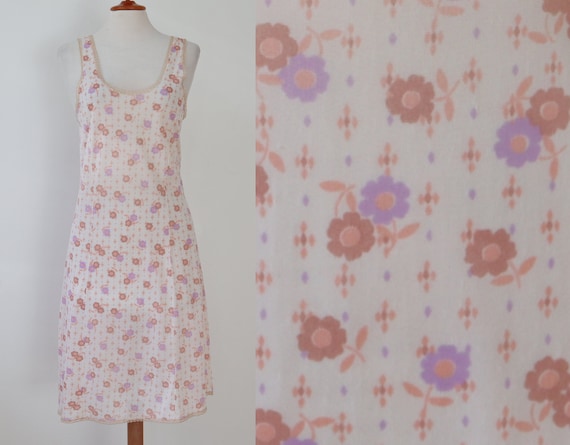 Ivory 60s Slip Dress With Purple Brown Pink Flora… - image 1