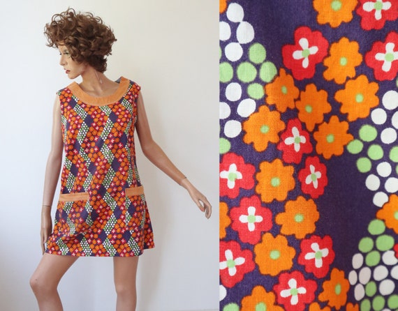 Blue 70s Vtg. Dress/Top With Bright Colored Print… - image 1