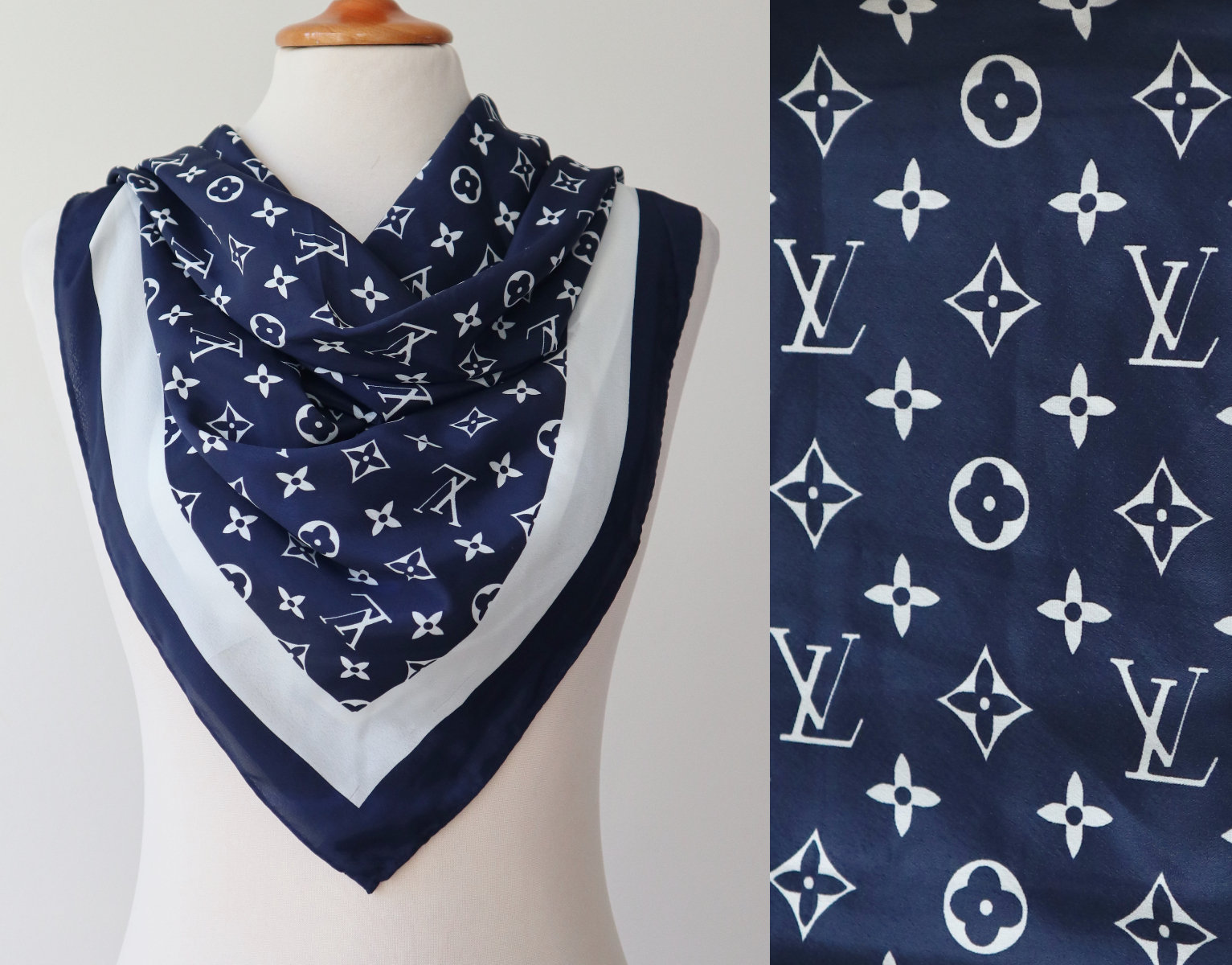 Dark Blue/white Monogram Silk Scarf // Louis Vuitton Paris // 